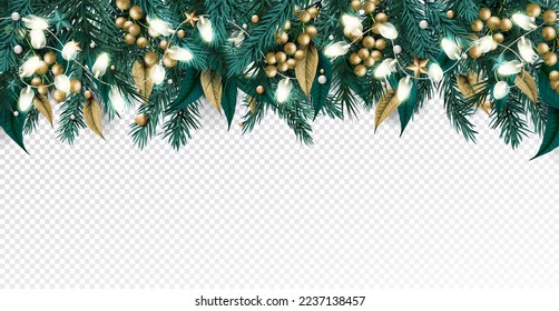 Fir branch border, holiday light garland. Green frame, festive winter or new year advent, Realistic Christmas decoration. Noel pine, golden berries. Coniferous 3d elements. Vector exact decor