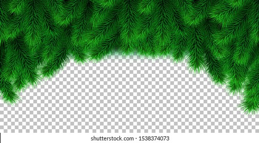 Fir branch border isolated on transparent background. Vector Christmas illustration, frame, arch, decoration. Perfect for Xmas banner, header, flyer. Winter spruce.