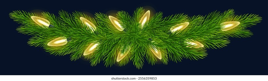 Fir branch border and string of festive lights on blue background. For holiday New Year festive designs, Christmas greeting cards, banners. Vector illustration