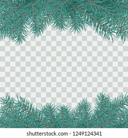 Fir branch border. Winter holiday decoration element on transparent background with space for greeting text. Vector illustration