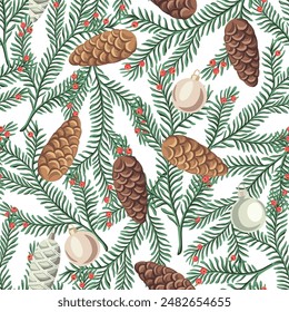 Fir branch, Christmas balls and cone seamless pattern. New Year celebration wallpaper.