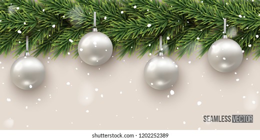 Fir branch with Christmas balls and snowfall on light background horizontal seamless pattern. Vector seamless Christmas and New Year background