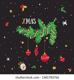 Fir branch with Christmas toys in cartoon style. Christmas decorations with the inscription "XMAS".