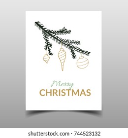 Fir branch with Christmas tree toy vector background. Merry Christmas card. Hand drawing sketch illustration. Doodle design