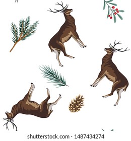 Fir branch, cone, mistletoe, deer winter seamless pattern white background. Christmas vector wallpaper.