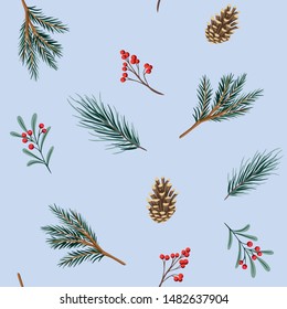 Fir branch, cone, mistletoe seamless pattern blue  background. Christmas floral wallpaper.