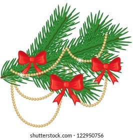 Fir branch decorated with red bows and golden beads