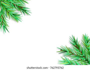 FIR BRANCH DECORATIVE FRAME ON WHITE BACKGROUND. CHRISTMAS GREETING CARD