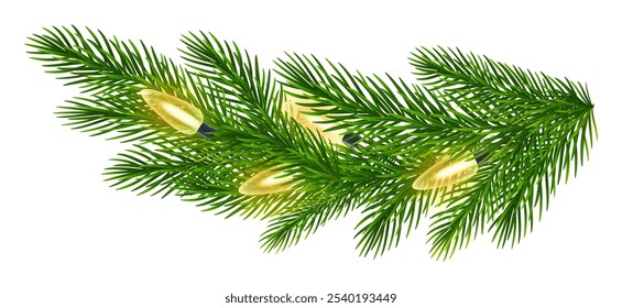 Fir branch with glowing Christmas lights. Green spruce branches with garland of yellow light bulbs for winter Christmas holiday celebration. Vector illustration