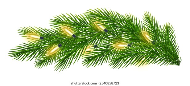 Ramo de fogo com luzes de Natal brilhantes. Sucursais de abeto verde com guirlanda de lâmpadas amarelas para comemoração de Natal de inverno. Ilustração vetorial