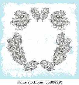 Fir branch hand drawn frame. Vector illustration.