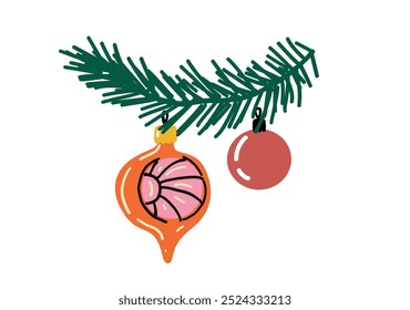Fir branch with hanging Christmas baubles. Vintage Christmas decoration. Naive art illustration. 