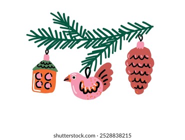 Fir branch with hanging Christmas baubles. V in the shape of house, bird and pine cone. Naive art illustration. 
