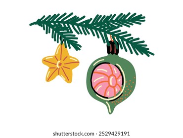 Fir branch with hanging Christmas baubles. Vintage Christmas ball and star. Naive art illustration. 
