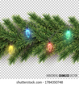 Fir branch with light bulb garland horizontal seamless pattern on transparent background. Vector Christmas and New Year background.