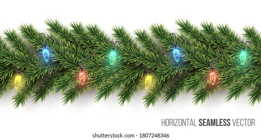 Fir branch with light bulb garland horizontal seamless pattern on white background. Vector Christmas and New Year background.