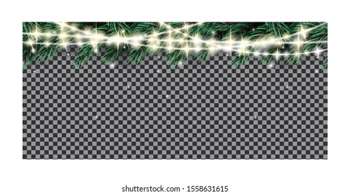 Fir Branch with Neon Garland Lights on Transparent Background. Vector illustration. 