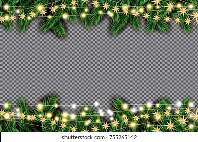 Fir Branch with Neon Lights and Golden Stars on Transparent Background. Vector illustration.