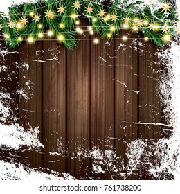 Fir Branch with Neon Lights and Ice on Wooden Background. Merry Christmas and Happy New Year. Vector Illustration.