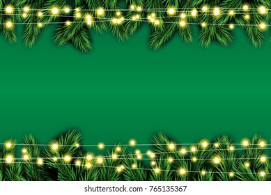 Fir Branch with Neon Lights on Green Background. Vector illustration.
