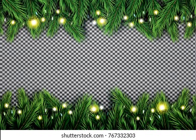 Fir Branch with Neon Lights on Transparent Background. Vector illustration.