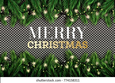 Fir Branch with Neon Lights on Transparent Background. Merry Christmas. Happy New Year. Vector illustration.