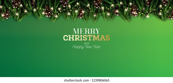 Fir Branch with Neon Lights and Pine Cone on Green Background. Merry Christmas. Happy New Year. Vector illustration.