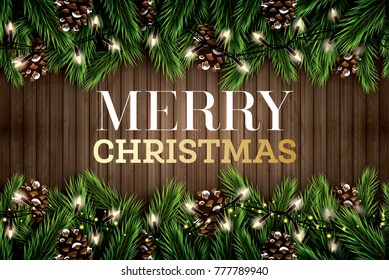 Fir Branch with Neon Lights and Pine Cone on Wooden Background. Merry Christmas. Happy New Year. Vector illustration.