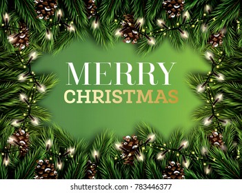 Fir Branch with Neon Lights and Pine Cone on Green Background. Merry Christmas. Happy New Year. Vector Illustration.