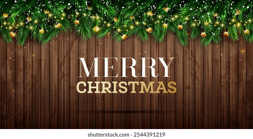 Fir Branch with Neon Lights and Snowflakes on Transparent Background. Merry Christmas. Happy New Year. Vector illustration.
