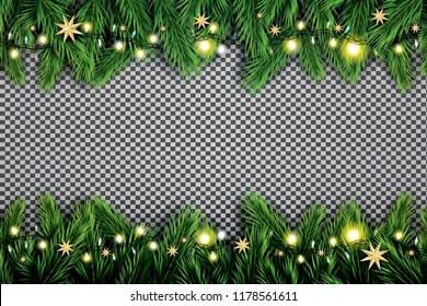 Fir Branch with Neon Lights and Stars on Transparent Background. Vector illustration.