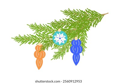 Fir branch with new years christmas decoration toys balls and icicles, Christmas design element, isolated on white background. Vector illustration