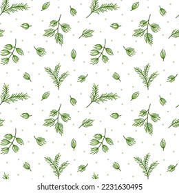 Fir branch pattern evergreen christmas tree flat. White background green floral ornament infinite print textile paper gift wrap wallpaper element needlework fresh winter seasonal design minimalism