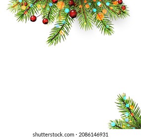Fir branch with red berries and bokeh lights. Space for text. Vector holiday illustration.