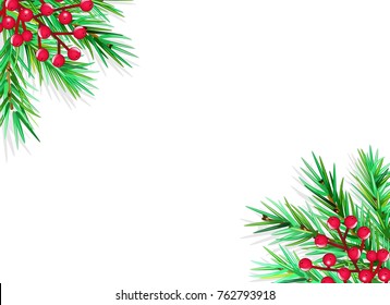 FIR BRANCH WITH RED BERRIES DECORATIVE FRAME ON WHITE BACKGROUND. CHRISTMAS GREETING CARD