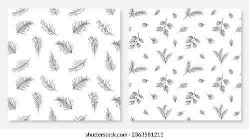 Fir branch seamless pattern evergreen christmas tree line set. Editable stroke black floral ornament infinite print textile paper gift wrap wallpaper element needlework winter seasonal design minimal