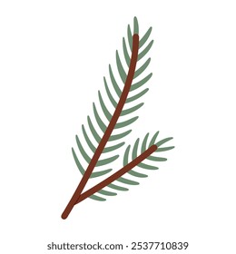 Fir branch with sharp needles in flat design. Dark green fir twig plant. Minimalist nature icon for graphic design, logos, and botanical themed. Vector isolated