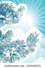 fir branch in the snow against a blue sky with sun rays and clouds. Vector poster illustration.
