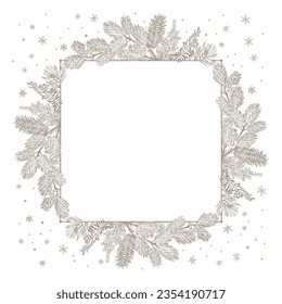 Fir branch square frame with snow for winter card design isolated on white background