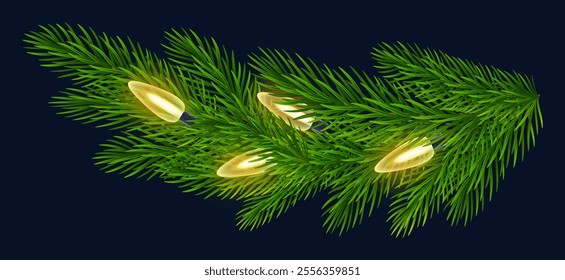 Fir branch with string of warm toned Christmas lights on blue background. For creating cozy holiday atmosphere, New Year festive designs, Christmas greeting cards, banners. Vector illustration