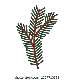 Fir branch with thick needles in flat design. Dark green fir twig plant. Minimalist nature icon for graphic design, logos, and botanical themed. Vector isolated