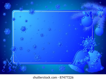 Fir branch with tree ornaments and bells against a background of falling snowflakes. The illustration on blue background.