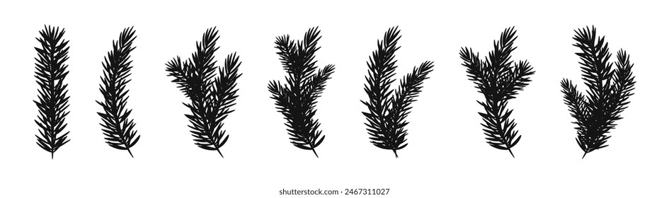 Fir branch vector silhouette set. Pinetree twig flat black collection.