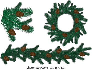 Fir branch wreath garland fir-cones decor vector for home decoration wall decor door decor