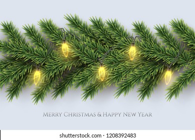 Fir branch with yellow bulb garland with Merry Christmas and Happy New Year text on light blue background. Vector winter holiday background background