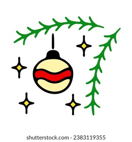 Fir branches with a ball and stars. Decoration, decorate, christmas, tree, new year, eve, december 25, winter, holiday atmosphere, celebrate, family celebration, traditions. Colorful icon