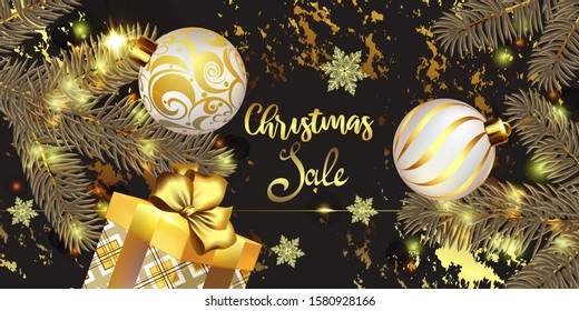 Fir branches, balls, gifts with bows on a winter background. Decorative greeting card happy New year and merry Christmas. Advertising banner for trade and sale