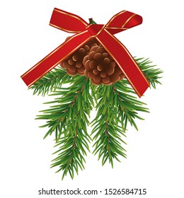 Fir branches and brown pine cones with red ribbon bow isolated on white background. Christmas and New year decoration. Vector illustration.
