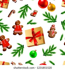 Fir branches Christmas decorations and boxes on the pattern