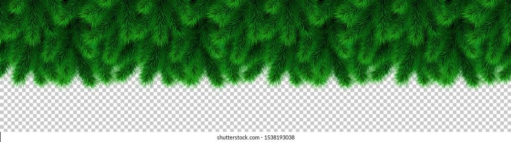 Fir branches Christmas garland and decoration. Seamless vector xmas border isolated on transparent background. For Christmas, noel, navidad holiday banner, web site header, decor.